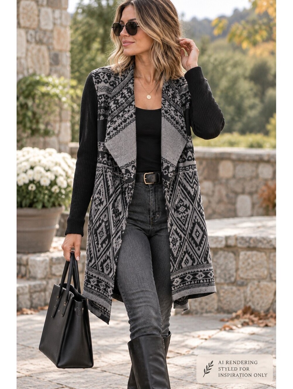 Kenar Merino Wool Cardigan L Southwestern Geometric Longline Open Front